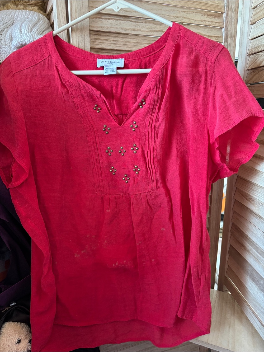 Liz Claiborne Red Short-Sleeve V-Neck Top with Stud Accents Petite XL